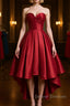 High Low Sweetheart Neck Strapless Backless Satin Red Prom Dress, Red Graduation Dress, Red Backless Formal Evening Dress