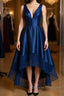 High Low V Neck Blue Satin Prom Dress, Open Back Blue Formal Dress, Blue Evening Dress