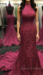 High Neck Backless Burgundy Lace long Prom Dress, Long Burgundy Lace Formal Evening Dress, Burgundy Ball Gown