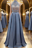 High Neck Two Pieces Blue Lace Long Prom Dress, 2 Pieces Blue Lace Formal Dress, Blue Evening Dress