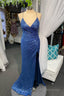 High Slit Blue Sequins Straps Mermaid Evening Gown,Ball Gowns Prom Dress