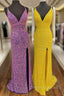 Hight Slit Yellow Sequins Halter Prom Dress
