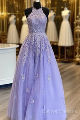 Hot Halter Purple Prom Dress Lace Long Graduation Evening Dress