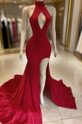 Hot Long Red Prom Dress High Neck Satin Mermaid Evening Dress Uk Split