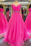 Hot Pink Beaded Cold-Shoulder A-Line Prom Dress