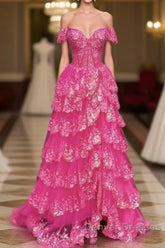 Hot Pink Lace Off Shoulder Tiered Prom Dress With Slit