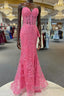Hot Pink Mermaid Lace Prom Dress, Hot Pink Mermaid Lace Formal Evening Dress