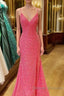 Hot Pink V Neck Sequins Long Prom Dress Crossed Back Mermaid With Slit