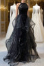 A-Line Prom Dress Vintage Dress Wedding Guest Wedding Party Sweep / Brush Train Sleeveless Halter Neck Wednesday Addams Family Sequined with Crystals Sequin Ruffles Masquerade Dress