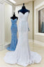 Iridescent Sequin White Prom Dresses Mermaid Long Formal Dress Spaghetti Straps