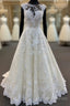 Ivory Lace Round Neck Cap Sleeve Sweep Train Custom Size Wedding Dress, Formal Prom Dress