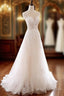 Ivory Tulle With Lace Round Neckline Long Wedding Party Dress, Ivory Tulle Prom Dress
