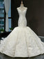 Ivory White Satin Mermaid Straps Lace Appliques Wedding Dress With Train