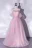 Pink Tulle Sequins Long Prom Dress, A-Line Formal Graduation Dress
