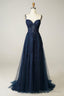 Navy Tulle and Lace Long Prom Dress, Lovely Spaghetti Strap Evening Dress
