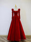 A-Line Long Sleeve Velvet Floor Length Prom Dress, Burgundy Formal Evening Dress