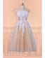 Lace Appliques Champagne Strapless Tea Length Wedding Dress