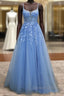 Lace Blue Prom Dress V Neck Long Formal Dress Open Back