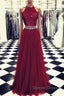 Lace Crop Top Tulle Prom Dress Two Piece Evening Gowns Beaded Sashes