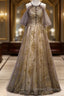 Lace Long Appliques Champagne Tulle Prom Dress