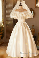 Lace Tea Length Bowknot White Satin Wedding Dress