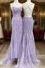 Lavender Lace Corset Prom Dress Mermaid Scoop Evening Dress With Beading