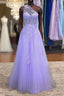 Lavender One Shoulder Appliques Lace Prom Dress