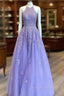 Lavender Prom Dress, Princess Halter Long/Floor-Length Lace Tulle Prom Dress With Appliqued Beading