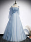 Light Blue Glitter Spaghetti Straps Formal Dress, Lace Up Back Wedding Dress Glitter Tulle Prom Dresses