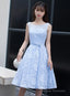 Light Blue Lace Knee Length Round Neckline Party Dress, Charming Blue Prom Dress