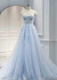 Light Blue Sweetheart Tulle with Lace Long Wedding Party Dress, Blue Prom Dress
