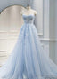 Light Blue Sweetheart Tulle with Lace Long Wedding Party Dress, Blue Prom Dress