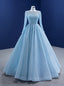 Light Blue Tulle Long Sleeve Sequins Prom Dress