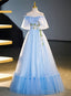 Light Blue Tulle Off Shoulder with Lace Applique Prom Dress, Blue Long Party Dress
