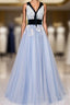 Light Blue Tulle With Flowers Lace Long Evening Dress Prom Dress, A-Line Party Dress