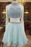 Light Blue Two Piece Homecoming Dress Beaded Halter