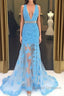 Light Blue V Neck Mermaid Lace Applique Long Prom Dress, Lace Blue Formal Dress, Evening Dress