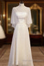 Light Champagne Short Sleeves Long Wedding Party Dress, Cute Prom Dress