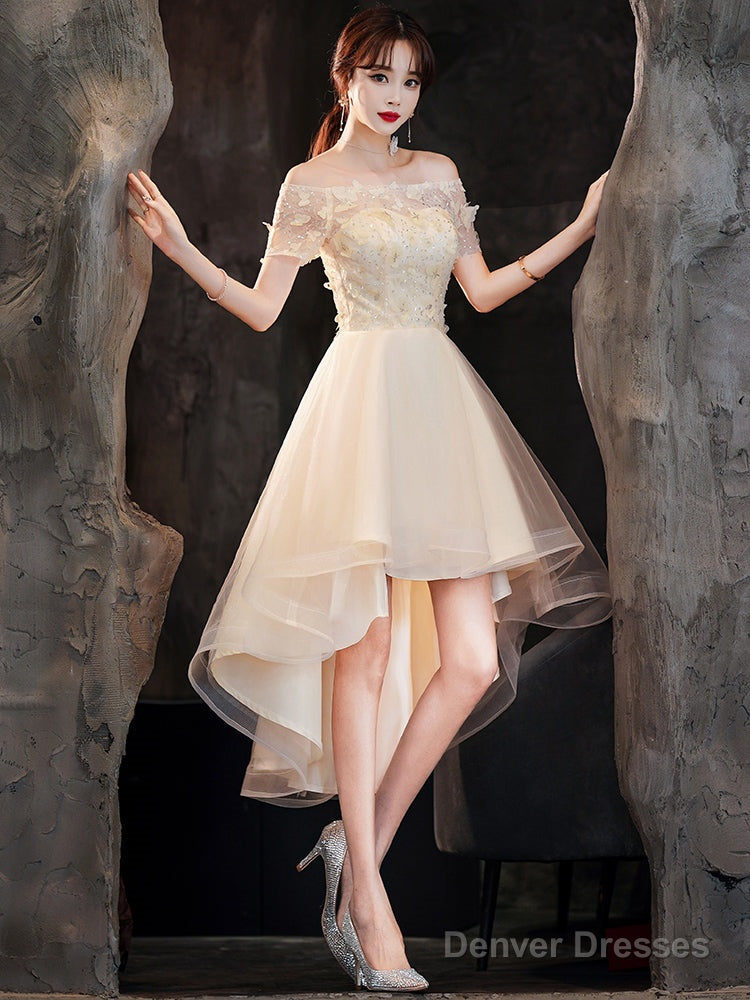 Light Champagne Tulle Short Sleeves High Low Homecoming Dress, Short P – Denver Dresses