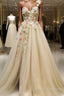 Light Champagne Tulle With Flowers Long Evening Dress, A-Line Tulle Formal Dress
