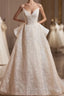 Light Champagne V-Neck Lace Long Prom Dress, A-Line Spaghetti Straps Backless Party Dress With Bow