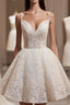 Light Champagne V-Neck Lace Short Prom Dress, A-Line Spaghetti Straps Backless Party Dress With Bow