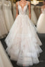 Light champagne v neck tulle lace long prom Dress, wedding Dress