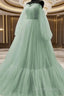 Light Green Puffy Sleeves Tulle Long Formal Dress, Light Green Prom Dress