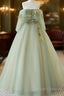 Light Green Scoop Off Shoulder A-Line Tulle Prom Dress, Light Green Evening Dress