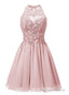 Light Pink Halter Chiffon Lace Applique Party Dress, Handmade Formal Dress