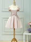 Light Pink Satin Knee Length Off Shoulder Party Dress, Short Pink Homecoming Dress