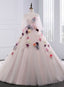 Light Pink Tulle Ball Gown Formal Dress With Flowers, Pink Sweet 16 Gown