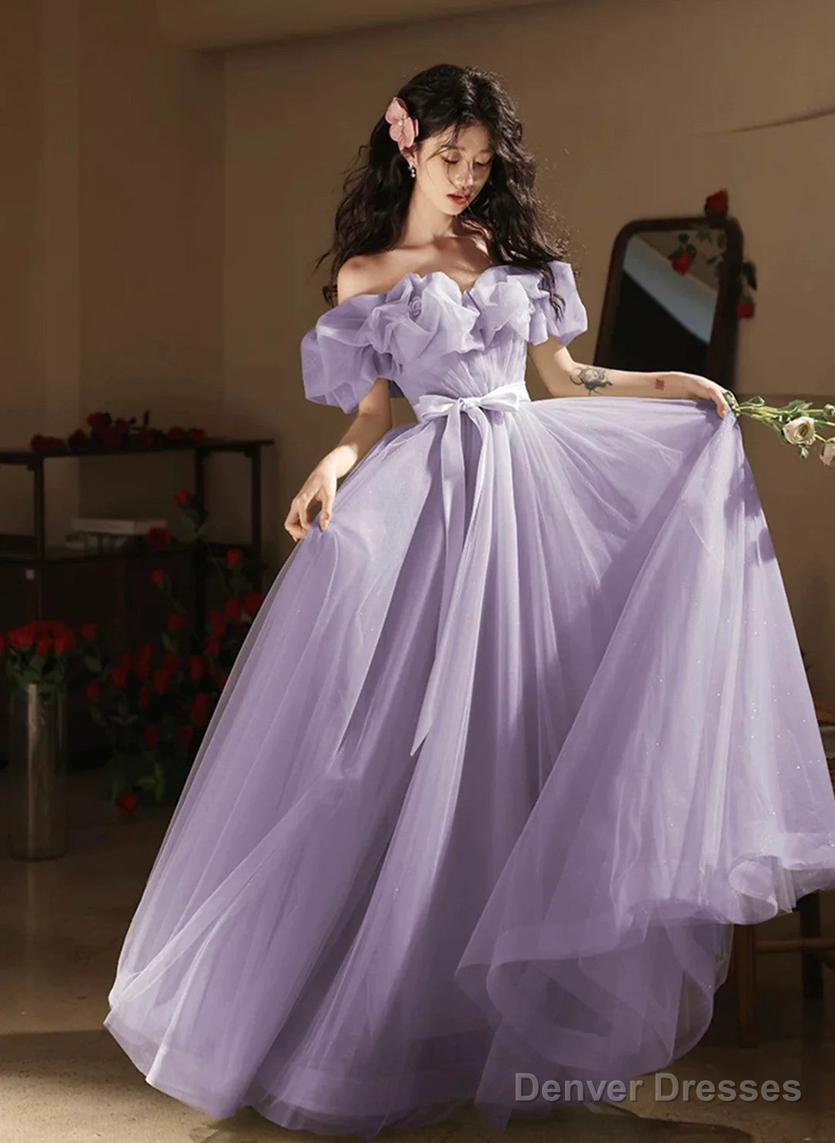 light purple party dresses A-Line Tulle Off Shoulder Light Purple Tiered Long Prom Dresses