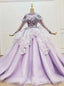 Light Purple Tulle Long Sleeve Appliques Beading Wedding Dress